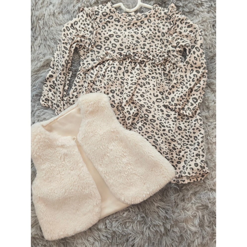 George Baby Girl Leopard Print Dress and Faux Fur Vest Set 18-24 Months Cream‎
